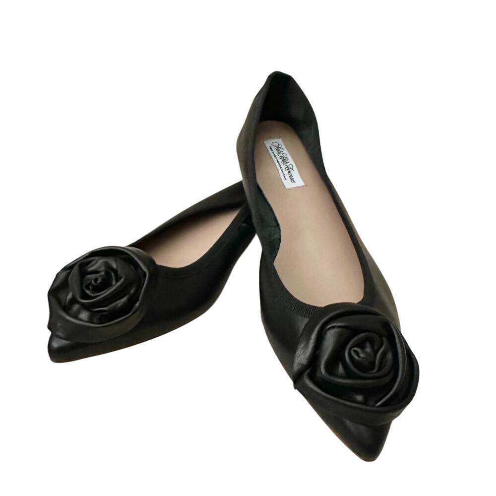 Saks Fifth Avenue Black Leather Rose Bud Flats